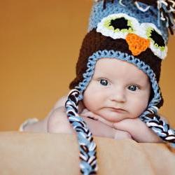 Crochet Infant Owl Ear Flap Hat Newborn to 12 Months